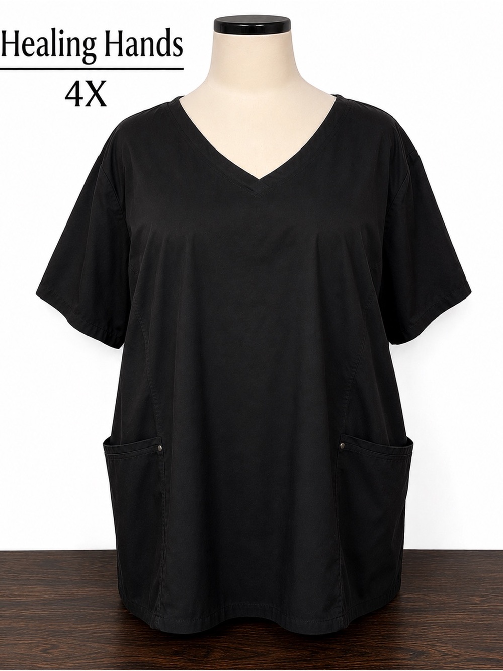 Healing Hands Black Scrub Top 4X Plus Size Stretch Side Panels V-Neck
